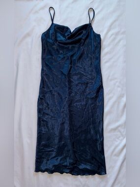 Bebe Vintage Y2K Navy Satin Slip Dress Cowl Neck Made In USA S 90s Midi